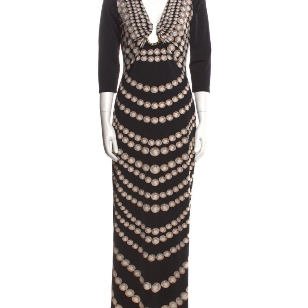Roberto Cavalli Black and Tan Cocktail Gown with Plunge Neckline and Pearl Patte